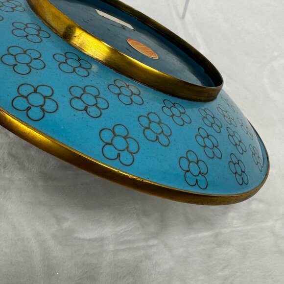 Vintage Japanese Cloisonne Jingfa Floral Enamel 9" Round Plate Turquoise Golden - Picture 11 of 15